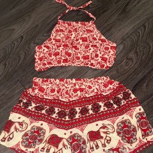 Red Elephant & Floral Print Two-Piece Set (Crop Top with Shorts) - Size XS